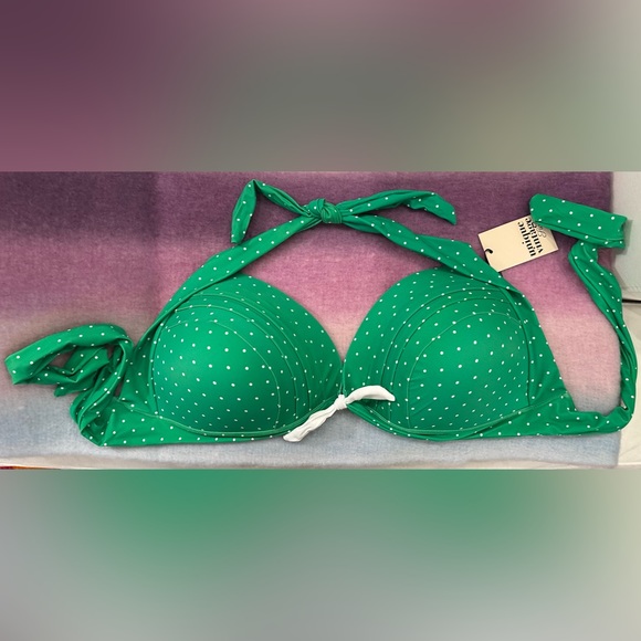 Unique Vintage Plus Size Green & White Pin Dot Monroe Halter Swim Top - Picture 8 of 9